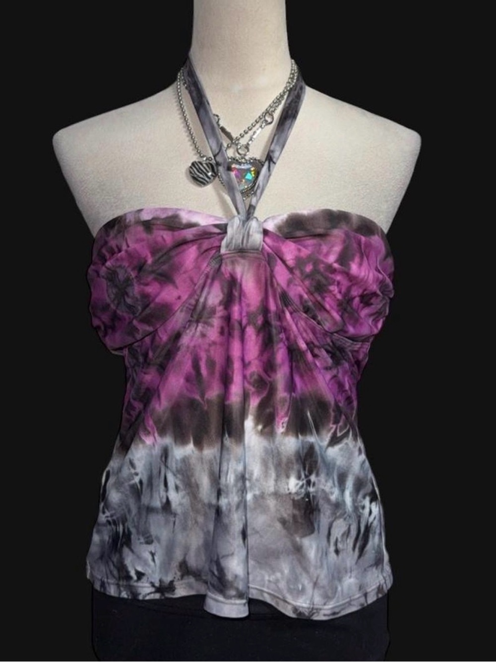 Women's Purple and Gray Tie-Dye Halter Camisole Y2K